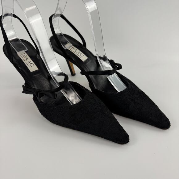 Isaac Mizrahi Black Lace Heels Sling Back Pointed Toe Women's Size 10 B Flat bow - Picture 2 of 12